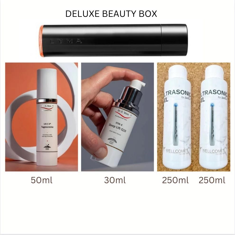 Deluxe Beauty Box(1 x Facial Tool+Dr. E. Voss Hya 4 Deep Lift Q10 30ml +LIA C 6 Tagescreme 50ml+ 2X Ultraschallgel +1 Facial Tool) Lieferung Ende April 2025