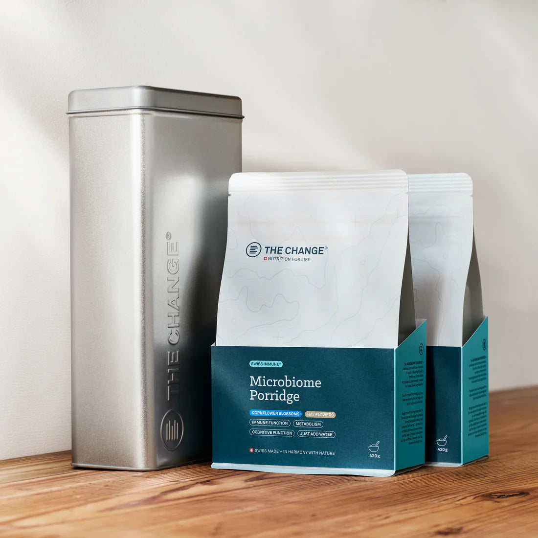 BE THE CHANGE  Microbiom Porridge SET 2 x 420g (14 Port.) & BTC-Weissblechdose Made in Swiss