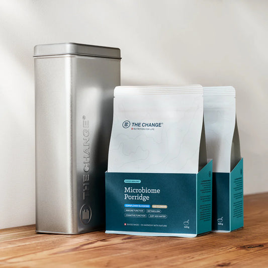 BE THE CHANGE  Microbiom Porridge SET 2 x 420g (14 Port.) & BTC-Weissblechdose Made in Swiss
